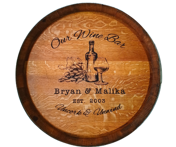 Engraved authentic barrel top, bourbon barrel tray, lazy susan, wall art